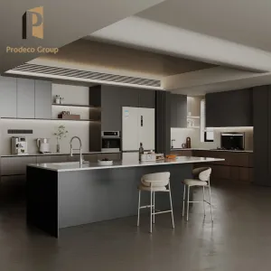High End Custom Gloss Wood Veneer Modular Eco-Friendly Kitchen Cabinet Set Sink High Shine Finish Reflective Surfaces Luxury