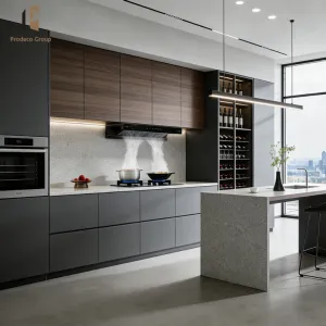 High End Custom Matte Wood Veneer Kitchen Cabinet Set Sink Eco-Friendly Modular Luxury Design Sophisticated Finish Textured
