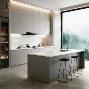 High End Modular Kitchen Cabinet Set with Sink and Faucet White Finish Custom Built Luxury Cabinets