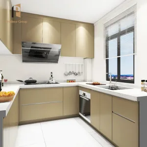 High Gloss Complete Modular Kitchen Cabinets with Particleboard Construction Marble Resin Countertops Faucet