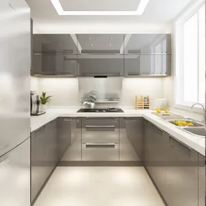 High Gloss Lacquer Finish L Shaped Kitchen Cabinet Pantry Gray Glossy Eco-Friendly Wall Mount Modern with Hinge Sink Faucet