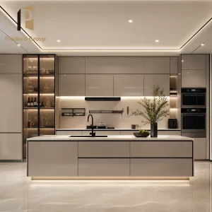 High Gloss White Finish Modern Design Villa Developer Construction Project Kitchen Cabinets Islands Marble Resin