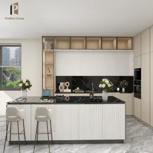 High White Gloss Modular Kitchen Cabinets Custom MDF Set with Acrylic Finish for Apartment Use and Marble Countertop