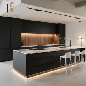 High-end Modular Full Wood Kitchen Cabinets with Sink Faucet Hinge-Eco-friendly American Black Lacquer Plywood for Villa