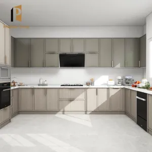 Home Design Rta Modern Modular Wooden U Shape Kitchen Cupboard Cabinets with Laminate Resin Countertop and Faucet