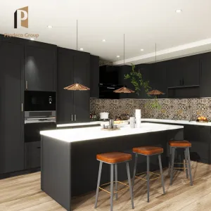House MDF Waterproof Black Melamine Modular Luxury Shaker Modern Apartment Kitchen Cabinet Design Set with Acrylic Sink