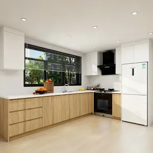 House Wooden Modern Design Modular Kitchen Cabinet Set American Plywood Small Kitchen Cabinets Marble Countertop Laminate Finish