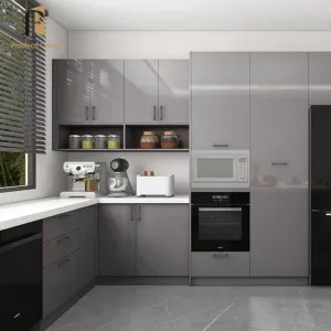 Kitchen Cupboards Cabinet Gray Glossy Marble Resin Eco-friendly Modular Kitchen Cabinet with Drawer Basket Pantry