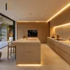 L Shaped Modular Kitchen Island Cabinet with Sink Lacquer Finish Marble Countertop for Residential Developer Projects