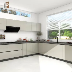 Matt Modular Kitchen Cabinet Grey Modern Marble Laminate Resin Countertop Sink Faucet Drawer Basket Particleboard Construction