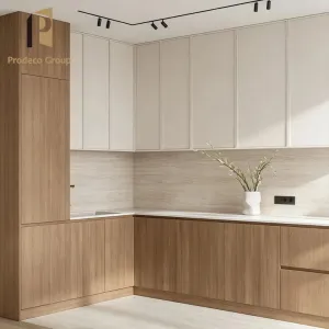 Melamine Board Kitchen Cabinet Modern Natural Color Residential Developer Project Kitchen Cabinets