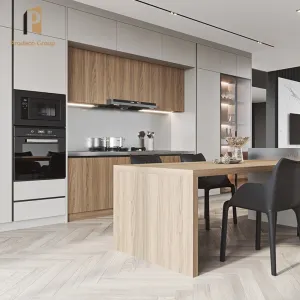Minimalistic White Modern Kitchen Island Cabinets Melamine Doors Fireproof Design Marble Laminate Countertop Faucet Included