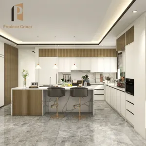 Modern Brown Wood Veneer PVC Luxury Plywood Modular Kitchen Cabinets with Marble Countertop Hinge Faucet
