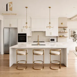 Modern Eco-friendly PVC Waterproof Melamine Finish Kitchen Island Cabinets Marble for Apartment Building Developer Projects
