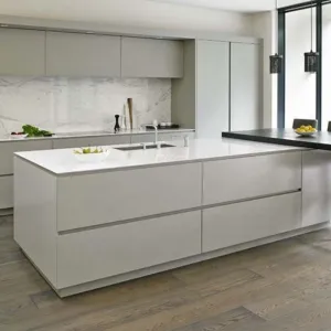 Modern Eco-friendly Solid Wood Island Kitchen Cabinet with Acrylic Countertop Hinge Faucet Drawer Slide for Apartment Use