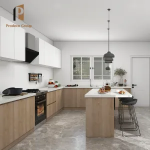 Modern Fitted PVC Modular Wood Veneer Kitchen Cabinets Marble Laminate Countertops Eco-friendly Waterproof Design Drawer Basket