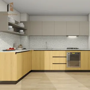 Modern Handless Hdf White Acrylic Full Melamine Square Kitchen Cabinet with Sink for Apartment Use