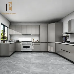 Modern Italian Modular Kitchen Cabinet U Shape High End Glossy Luxury with Marble Countertop Drawer Basket Faucet