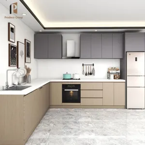 Modern Kitchen Cabinet Smart Gray Glossy Lacquer Modular Laminate Resin Countertop Eco-friendly Sink Hinge Drawer Apartment