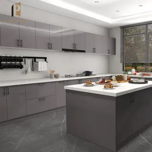 Modern Kitchen Cabinet with Countertop and Islands Design Custom Modular Cabinets Featuring Marble Laminate Countertops Faucet