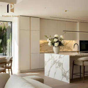 Modern Kitchen Island Cabinet Custom Furniture Set with Marble Laminate Resin Countertops and Faucet