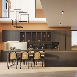 Modern Matte Black Modular Kitchen Cabinets with Marble Resin Countertop Eco-friendly PVC Construction and Drawer Basket