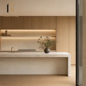 Modern Melamine Kitchen Cabinet Wood Grain Finish Whole House Developer Construction Kitchen Cabinets