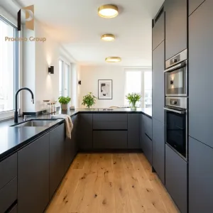 Modern Modular Kitchen Cabinet Set with Marble Laminate Countertops Particleboard Construction PVC Doors Drawer Baskets