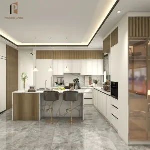 Modern Modular Kitchen Cupboards with Laminate Countertop and Drawer Basket White Wooden Cabinet for Apartment