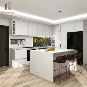 Modern Modular Small Kitchen Cabinets with Island Design Marble Resin Countertops Drawer Baskets