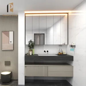 Modern Stainless Steel Bathroom Mirror Cabinet Vanity with Quartz Stone Countertop for Hotel