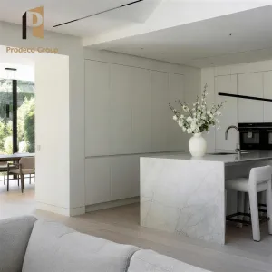Modern White Waterproof Kitchen Island Cabinet Set with Laminate and Marble Countertops Faucet Included
