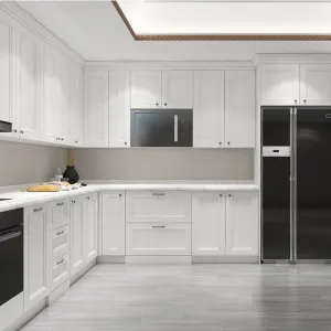 Modular Modern High Gloss Marble Laminate L Shape Shaker Kitchen Cabinets with Drawer Basket