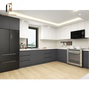 New Home Black Wood Lacquer Modular Kitchen Cabinets Laminate Countertop Marble Resin Options Hinge Faucet Custom Modern Design