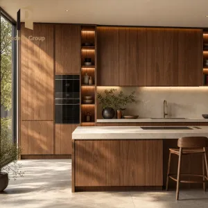 Oak Solid Wood Kitchen Island Cabinets with Marble Countertop Natural Color Custom Design for Whole House Villa Builder Project