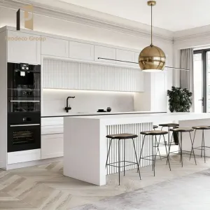 Penthouse Duplex Custom Wood Veneer Shaker Modern Kitchen Cabinet Set Acrylic Countertop for Apartment Use Premium Materials