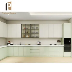 Plywood Modular Kitchen Cabinets White Wood Modern Eco-Friendly Kitchen Cabinet Set with Marble Resin Countertops for Apartment
