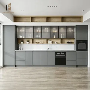 Prefab Modular Kitchen Customized Handleless Modern Kitchen Cabinets with Marble Laminate Resin Countertops Faucet Included