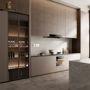 Solid Wood Kitchen Cabinet Set Modern Luxury Design Natural Walnut White Oak Wood Grain Finish Shaker Style Kitchen Cabinets