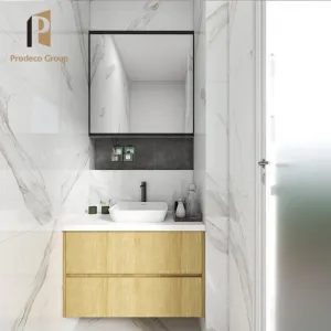 Wall Mounted Mirrored Stainless Steel MDF Bathroom Vanity Cabinet Modern Design Melamine Board Plywood Construction Quartz Stone
