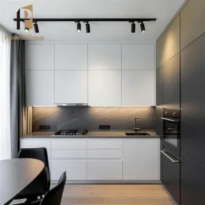 White Glossy Modern Kitchen Cabinet Set with Marble Laminate Resin Countertops Full Unit Kitchen Islands