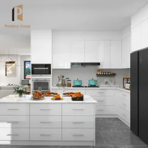 White Glossy Modern Luxury Classic Kitchen Set with Marble Laminate Countertop and Drawer Basket