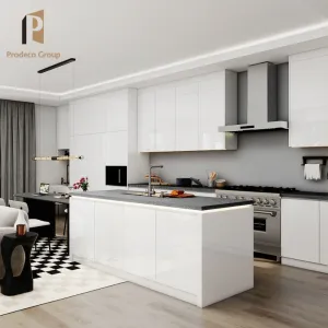 White High Gloss Modular Kitchen Cabinets with Marble Laminate Countertops Faucet-Eco-friendly Modern Design for Apartment Use