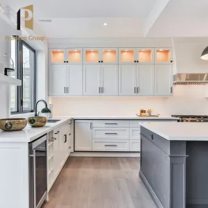 White Shaker Style Modern Design Full Set Kitchen Cabinets with Islands Laminate Marble Countertop Faucet