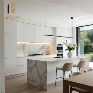 White Waterproof Modern Kitchen Island Cabinet Set with Marble Resin Countertop Full Home Kitchen Storage