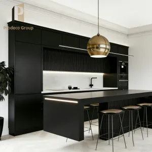 Whole House Custom Matte Wood Veneer Kitchen Cabinet System Textured Finish Seamless Integration Modern Luxury Sink Apartment