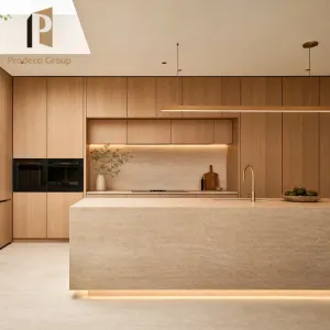 Wood Veneer Kitchen Cabinet Natural Oak Grain Texture Modern Style High End Villa Custom Kitchen Cabinets