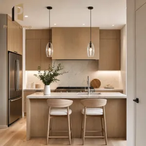 Wood Veneer Modern Kitchen Cabinet Natural Cherry Finish High End Apartment Project Kitchen Cabinets