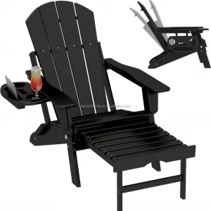 Adjustable Adirondack Chair with Retractable OttomanFolding Adirondack ChairAll Weather Fire Pit Chair W 4 in 1 Cup Holder