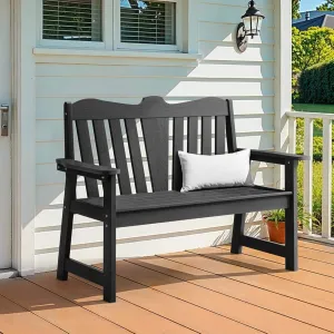 All Weather Outdoor Bench Black HIPS Plastic Wood Sun Rain Snow Resistant 2 Seater Oversized for Patio Garden Backyard